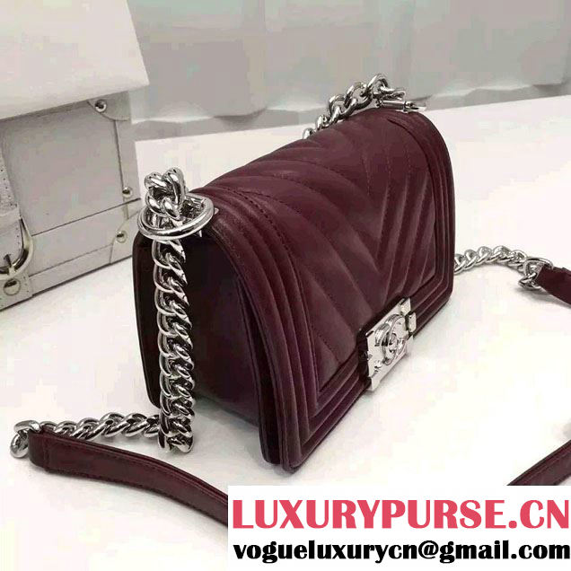 Chanel Shine Hardware Calfskin Boy Chevron Flap Small Bag Burgundy 2016