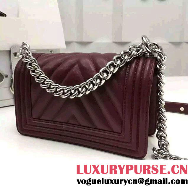 Chanel Shine Hardware Calfskin Boy Chevron Flap Small Bag Burgundy 2016
