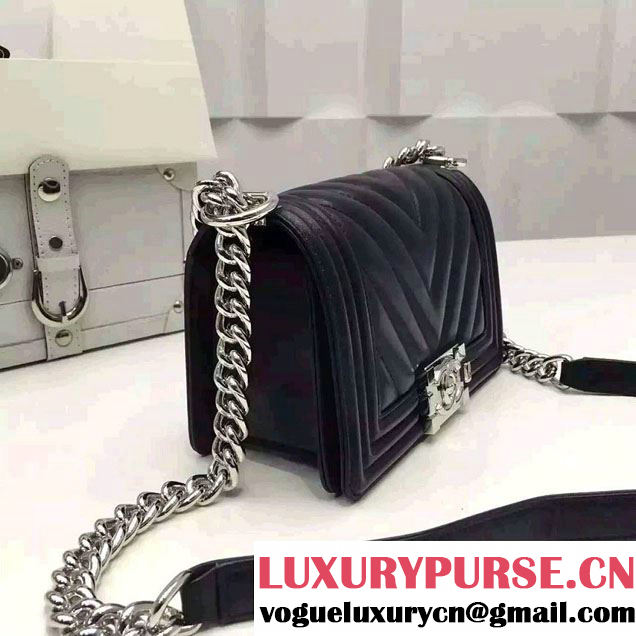 Chanel Shine Hardware Calfskin Boy Chevron Flap Small Bag Black 2016