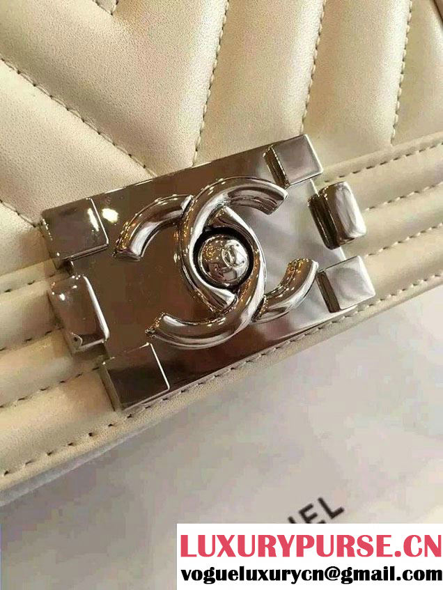 Chanel Shine Hardware Calfskin Boy Chevron Flap Small Bag Off White 2016
