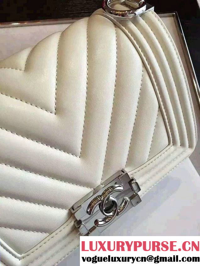 Chanel Shine Hardware Calfskin Boy Chevron Flap Small Bag Off White 2016