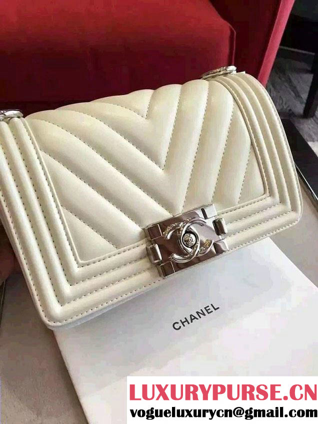 Chanel Shine Hardware Calfskin Boy Chevron Flap Small Bag Off White 2016