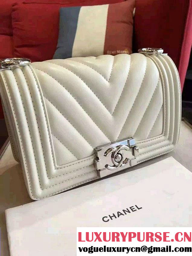 Chanel Shine Hardware Calfskin Boy Chevron Flap Small Bag Off White 2016