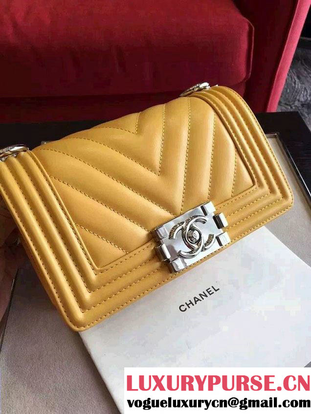 Chanel Shine Hardware Calfskin Boy Chevron Flap Small Bag Yellow 2016