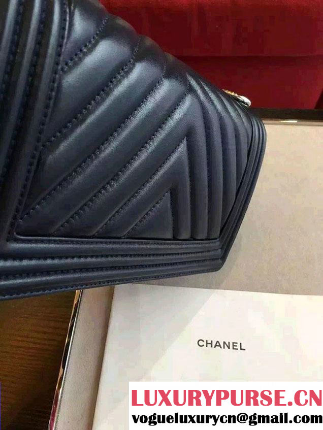 Chanel Shine Hardware Calfskin Boy Chevron Flap Medium Bag Dark Blue 2016