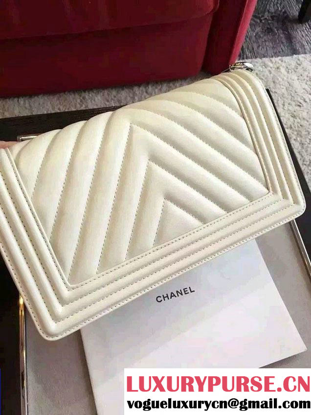 Chanel Shine Hardware Calfskin Boy Chevron Flap Medium Bag Off White 2016