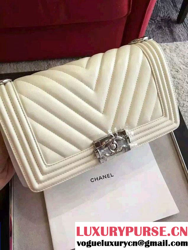 Chanel Shine Hardware Calfskin Boy Chevron Flap Medium Bag Off White 2016