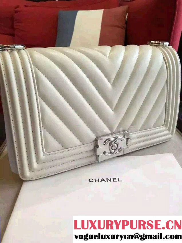 Chanel Shine Hardware Calfskin Boy Chevron Flap Medium Bag Off White 2016