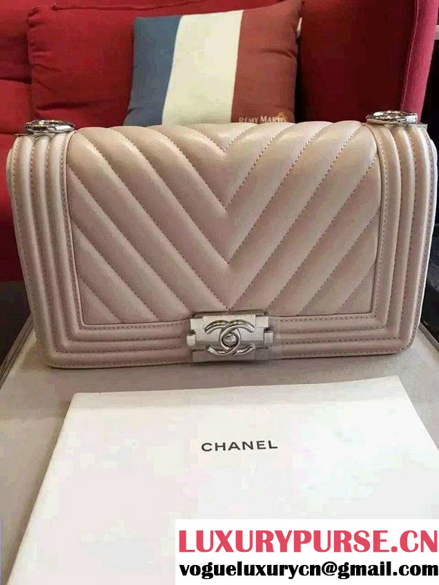 Chanel Shine Hardware Calfskin Boy Chevron Flap Medium Bag Light Apricot 2016