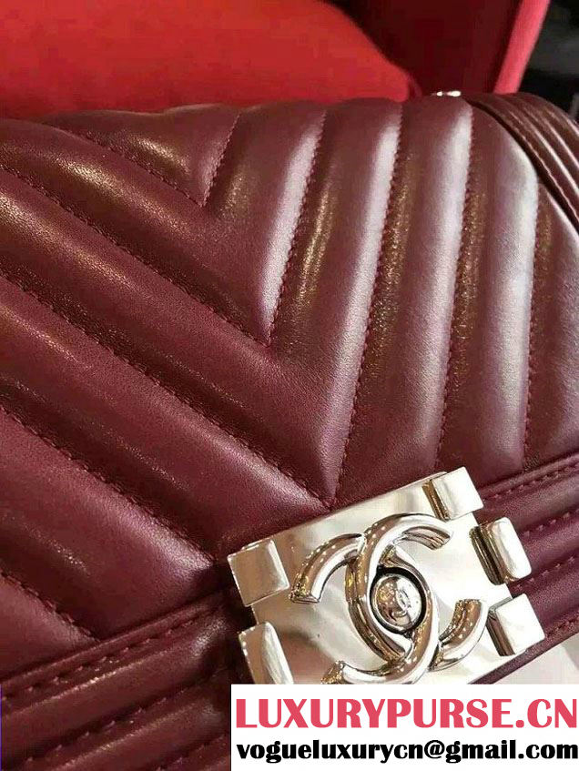 Chanel Shine Hardware Calfskin Boy Chevron Flap Medium Bag Burgundy 2016