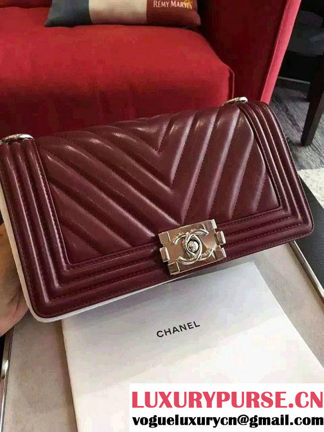 Chanel Shine Hardware Calfskin Boy Chevron Flap Medium Bag Burgundy 2016