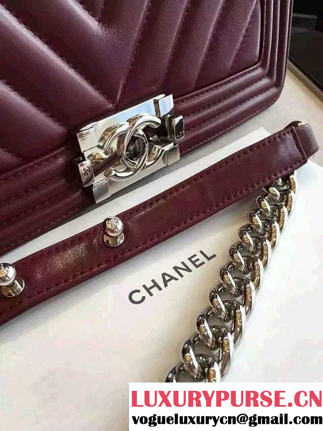Chanel Shine Hardware Calfskin Boy Chevron Flap Medium Bag Burgundy 2016