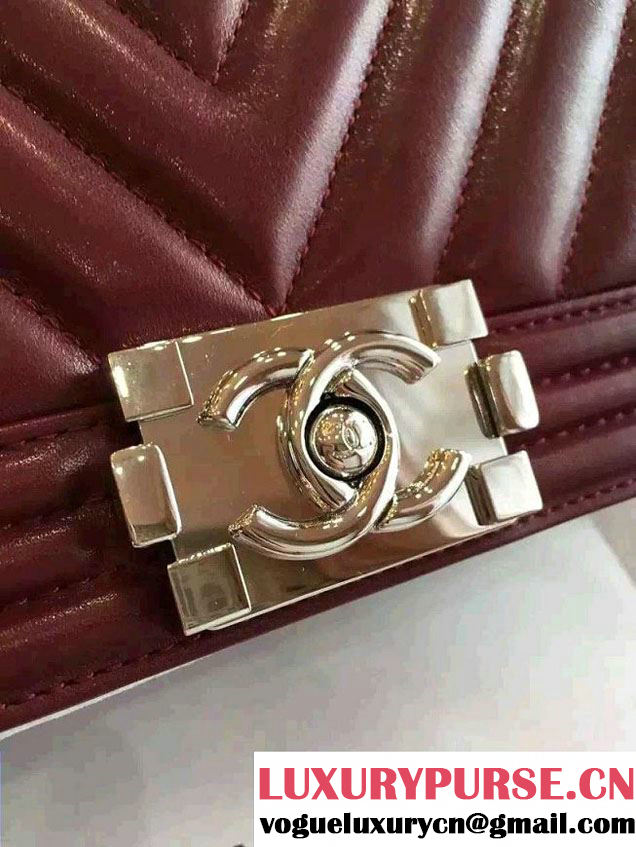 Chanel Shine Hardware Calfskin Boy Chevron Flap Medium Bag Burgundy 2016