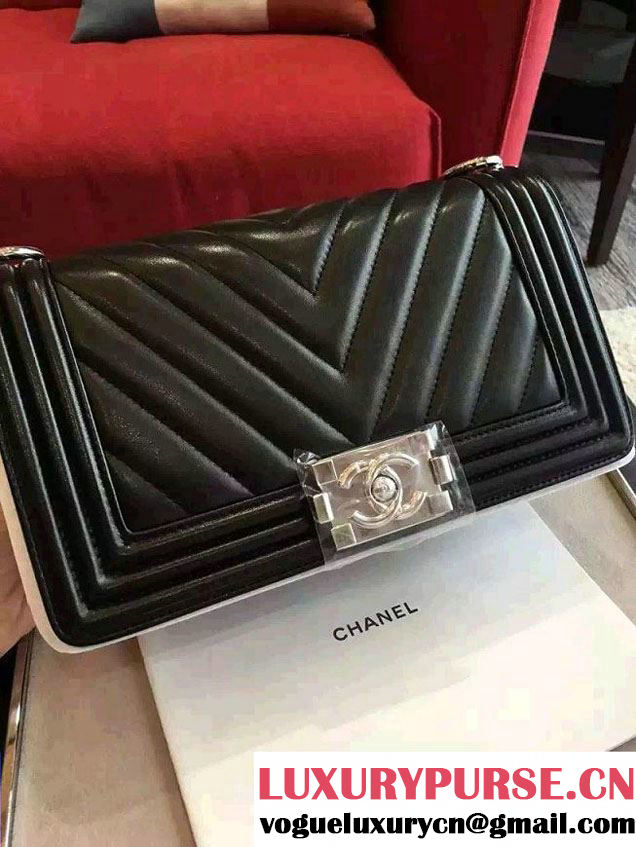 Chanel Shine Hardware Calfskin Boy Chevron Flap Medium Bag Black 2016