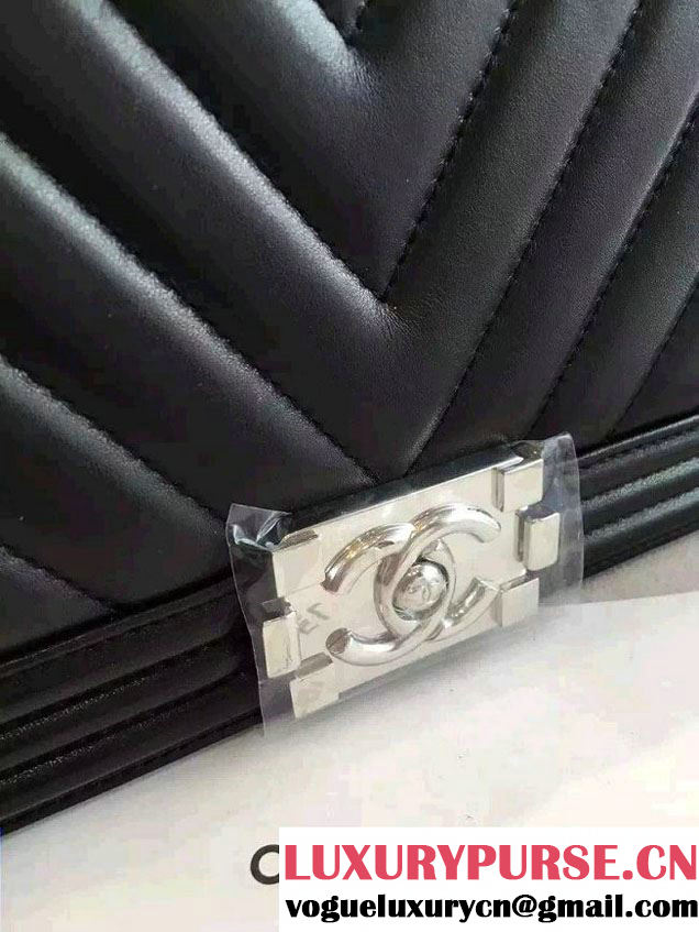 Chanel Shine Hardware Calfskin Boy Chevron Flap Medium Bag Black 2016
