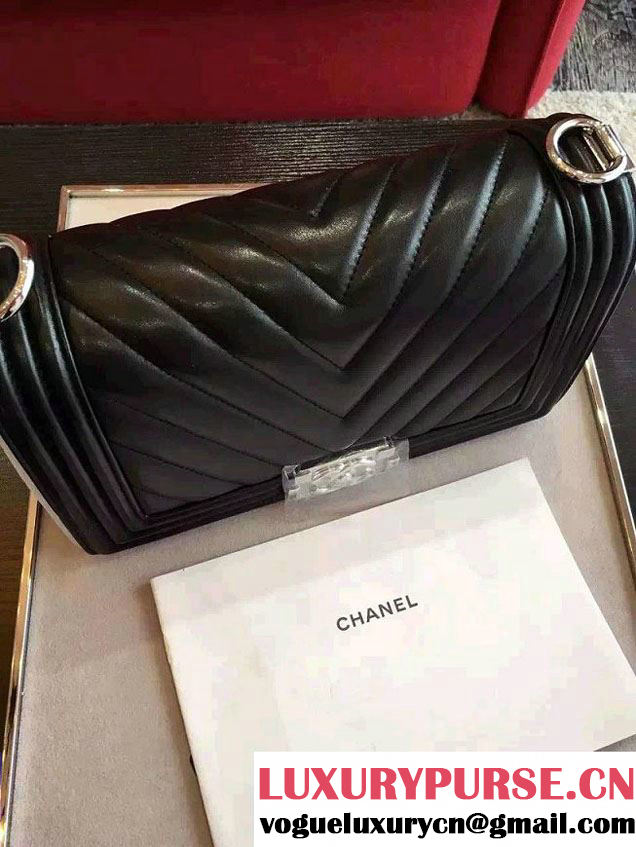 Chanel Shine Hardware Calfskin Boy Chevron Flap Medium Bag Black 2016