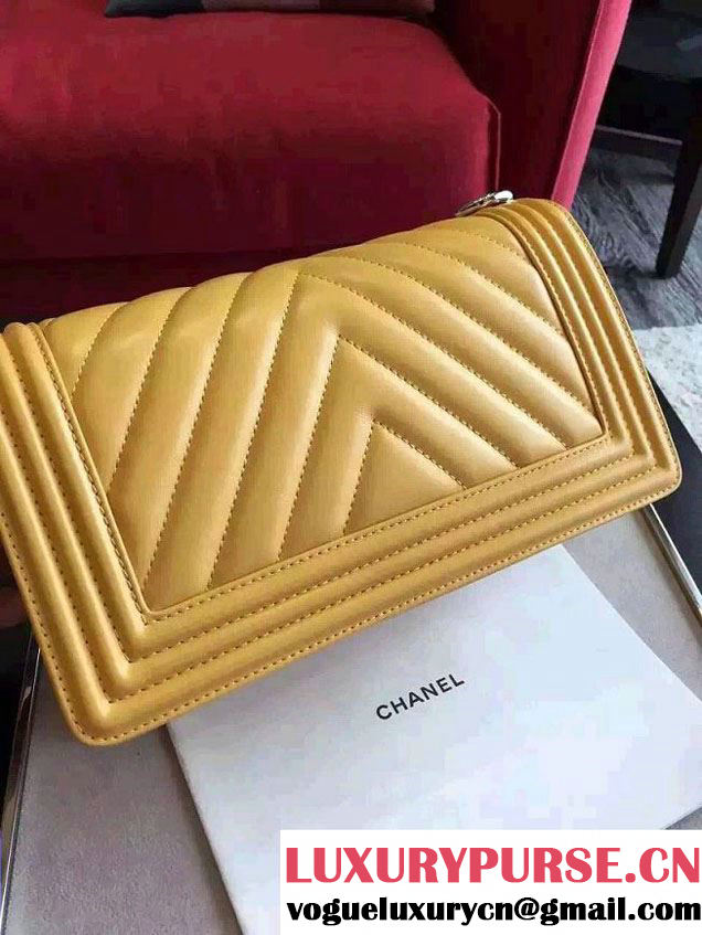Chanel Shine Hardware Calfskin Boy Chevron Flap Medium Bag Yellow 2016