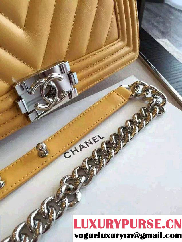 Chanel Shine Hardware Calfskin Boy Chevron Flap Medium Bag Yellow 2016