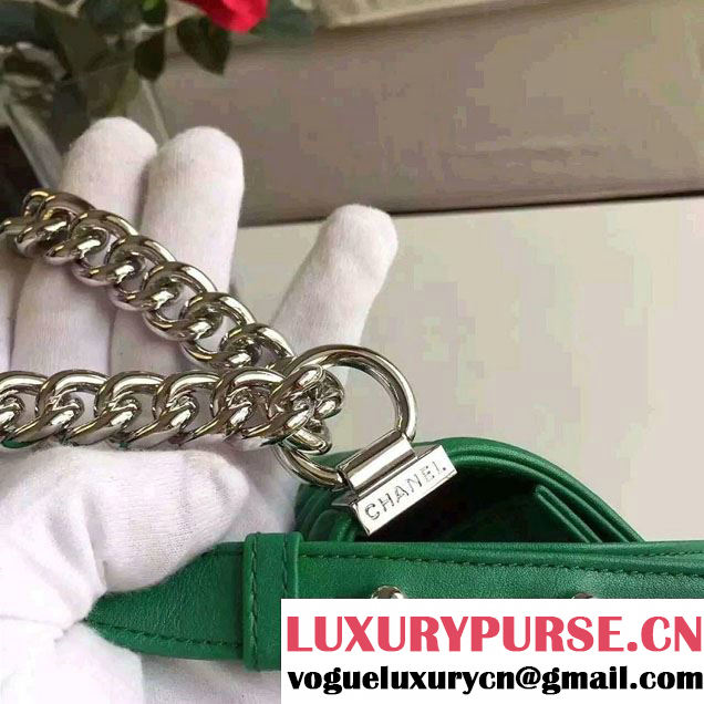 Chanel Shine Hardware Calfskin Boy Chevron Flap Medium Bag Green 2016