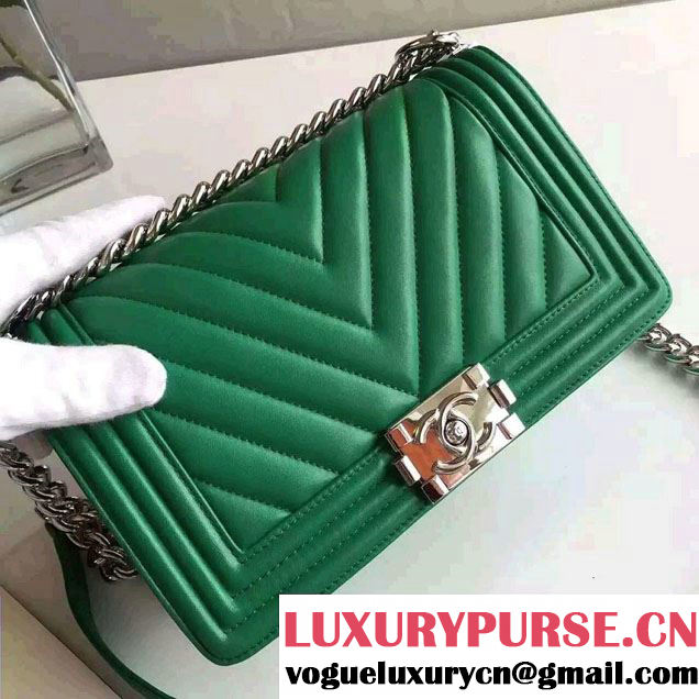 Chanel Shine Hardware Calfskin Boy Chevron Flap Medium Bag Green 2016