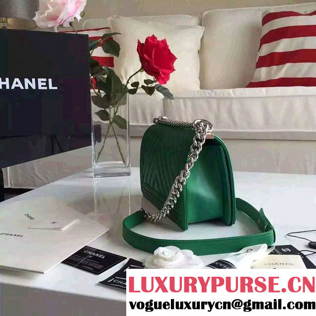 Chanel Shine Hardware Calfskin Boy Chevron Flap Medium Bag Green 2016