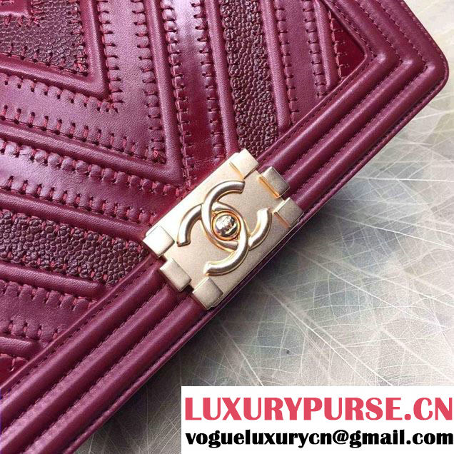 Chanel Large Stitch Chevron Grained/Calfskin/Suede Flap Bag Date Red 2016