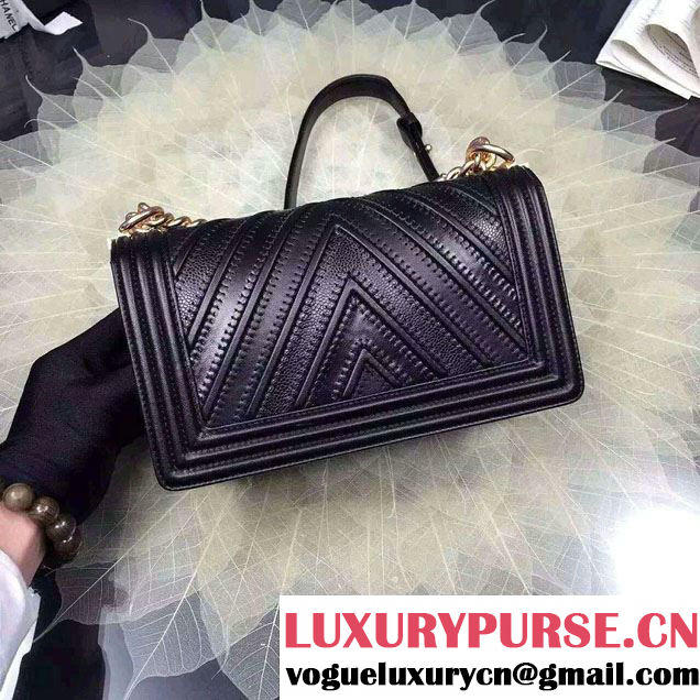 Chanel Large Stitch Chevron Grained/Calfskin/Suede Flap Bag Black 2016