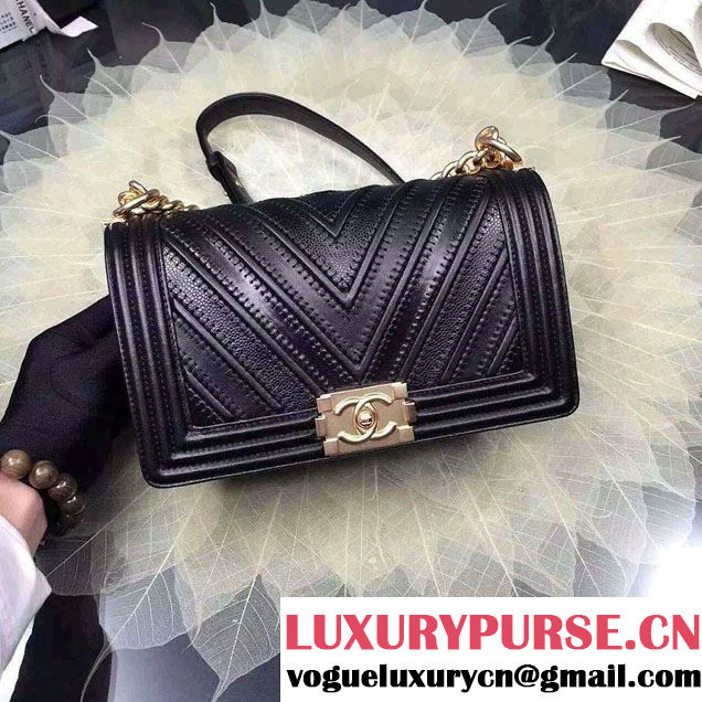 Chanel Large Stitch Chevron Grained/Calfskin/Suede Flap Bag Black 2016
