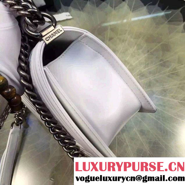 Chanel Large Stitch Chevron Lizard Pattern Calfskin Boy Flap Medium Bag White/Silver 2016