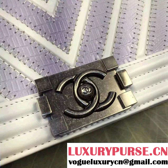 Chanel Large Stitch Chevron Lizard Pattern Calfskin Boy Flap Medium Bag White/Silver 2016