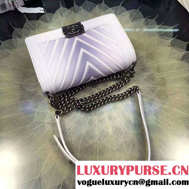 Chanel Large Stitch Chevron Lizard Pattern Calfskin Boy Flap Medium Bag White/Silver 2016