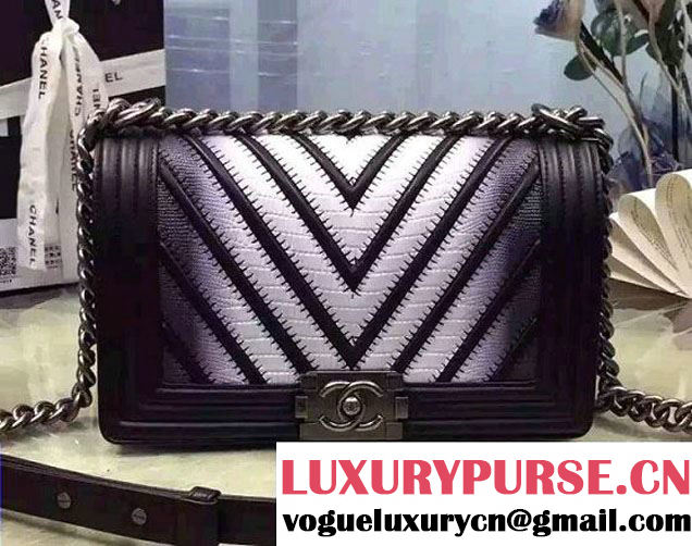 Chanel Large Stitch Chevron Lizard Pattern Calfskin Boy Flap Medium Bag Black/White 2016