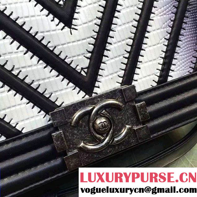 Chanel Large Stitch Chevron Lizard Pattern Calfskin Boy Flap Medium Bag Black/White 2016