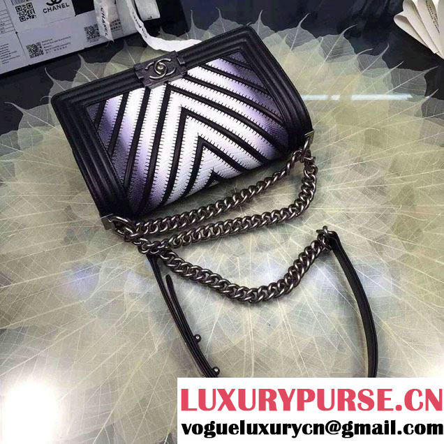 Chanel Large Stitch Chevron Lizard Pattern Calfskin Boy Flap Medium Bag Black/White 2016
