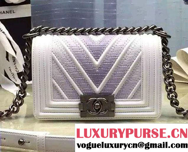 Chanel Large Stitch Chevron Lizard Pattern Calfskin Boy Flap Small Bag White/Silver 2016