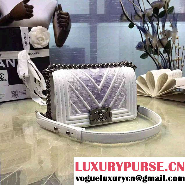 Chanel Large Stitch Chevron Lizard Pattern Calfskin Boy Flap Small Bag White/Silver 2016