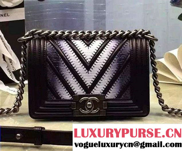 Chanel Large Stitch Chevron Lizard Pattern Calfskin Boy Flap Small Bag Black/White 2016