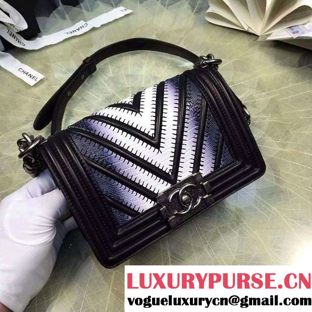Chanel Large Stitch Chevron Lizard Pattern Calfskin Boy Flap Small Bag Black/White 2016
