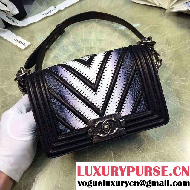 Chanel Large Stitch Chevron Lizard Pattern Calfskin Boy Flap Small Bag Black/White 2016