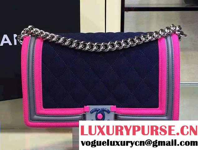 Chanel Fabric Mesh and Resin Boy Flap Bag Navy Blue/Fuchsia/Gray 2016