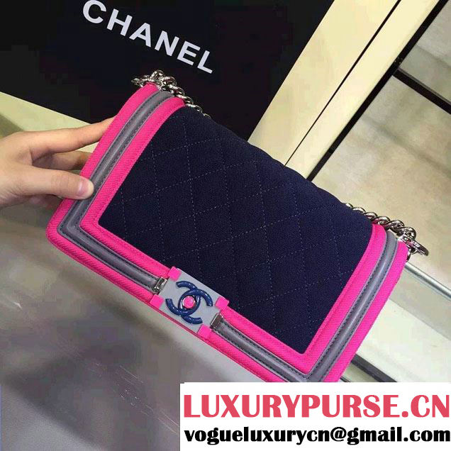 Chanel Fabric Mesh and Resin Boy Flap Bag Navy Blue/Fuchsia/Gray 2016