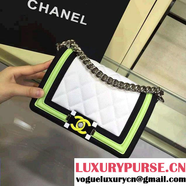 Chanel Fabric Mesh and Resin Small Boy Flap Bag White/Black/Yellow 2016