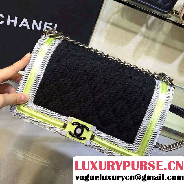 Chanel Fabric Mesh and Resin Boy Flap Bag Black/Gray/Yellow 2016