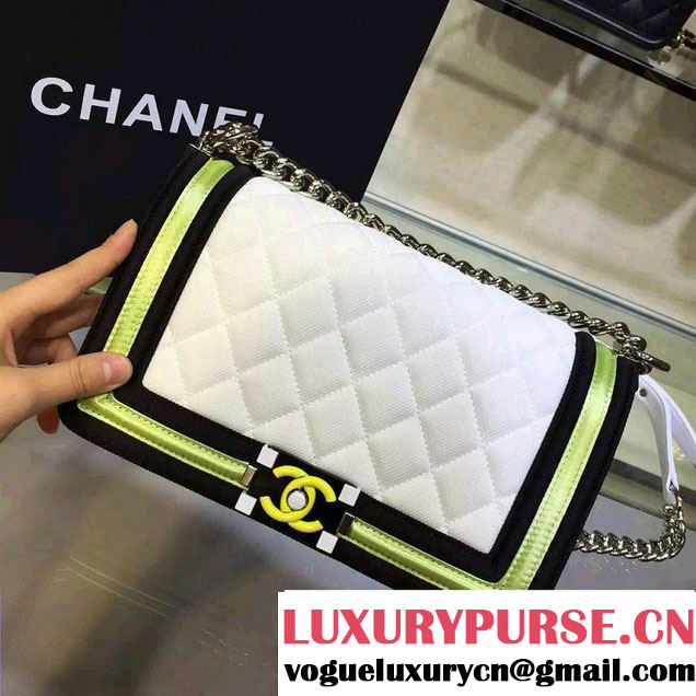 Chanel Fabric Mesh and Resin Boy Flap Bag White/Black/Yellow 2016