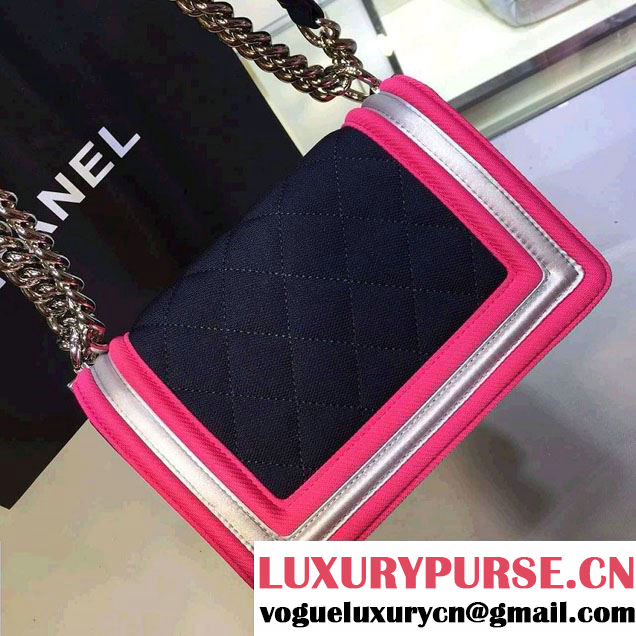 Chanel Fabric Mesh and Resin Small Boy Flap Bag Navy Blue/Fuchsia/Gray 2016