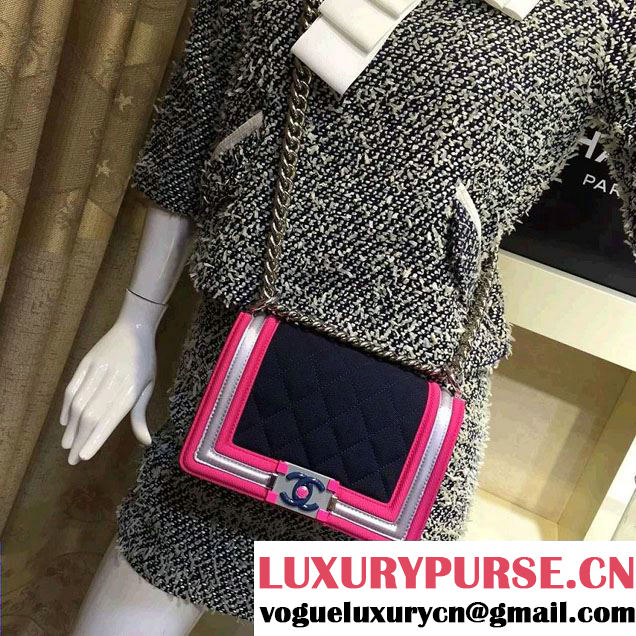 Chanel Fabric Mesh and Resin Small Boy Flap Bag Navy Blue/Fuchsia/Gray 2016