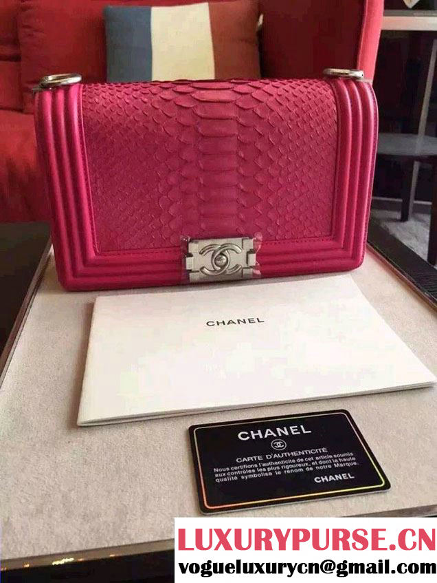 Chanel Shine Hardware Python Boy Flap Medium Bag Fushia/Silver 2016