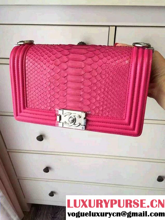 Chanel Shine Hardware Python Boy Flap Medium Bag Fushia/Silver 2016
