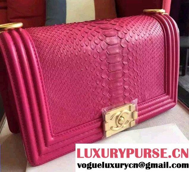 Chanel Shine Hardware Python Boy Flap Medium Bag Fushia/Gold 2016