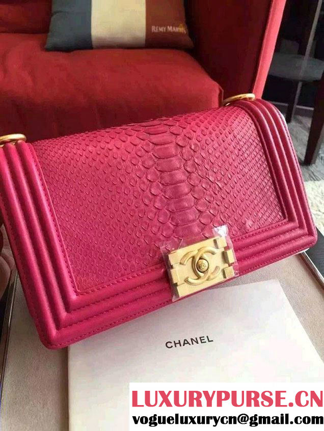 Chanel Shine Hardware Python Boy Flap Medium Bag Fushia/Gold 2016